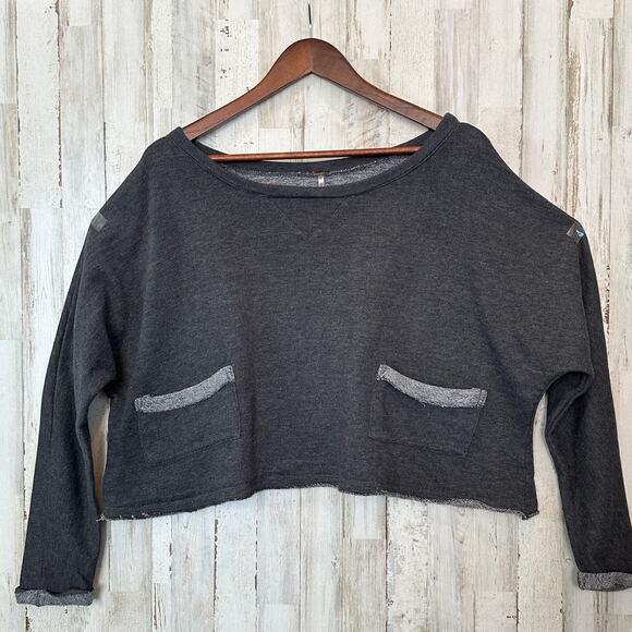 Poof Boxy Cropped Sweatshirt Medium Gray Blue Raw Hem Grunge Loungewear EUC - Picture 1 of 9